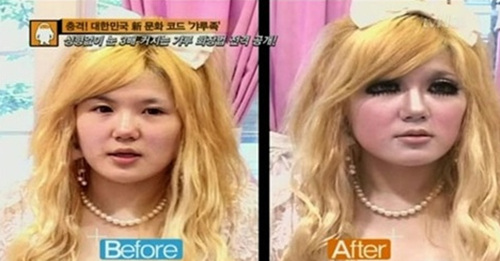 ▲ 갸루 메이크업으로 화제를 모은 김초롱의 화장 전, 후 모습