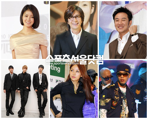 ▲한주간 맑고 흐렸던 스타들. (좌측 상단부터 시계방향으로) 이시영, 배용준,엄태웅, 크라운제이, 이효리, JYJ/사진=더팩트DB