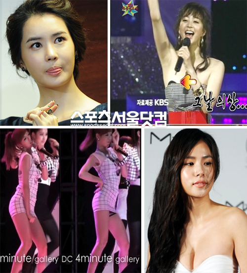 ▲바르지 못한 매무새로 노출의 굴욕을 겪은 스타들. 왼쪽 위부터 시계 방향으로이다해, 한예슬, 민효린, 포미닛 현아/사진=더팩트DB 및 캡처