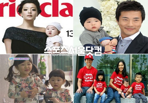 ▲자신의 2세를 적극적으로 공개하는 스타가 늘어나고 있다. 왼쪽 위부터 시계 방향으로김희선 딸 연아, 권상우 아들 룩희, 션-정혜영 가족 사진, 정웅인 딸 세윤/사진=캡처