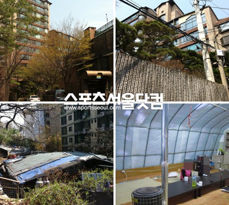 ▲ 트라움하우스 입구, 트라움하우스 외벽,산청마을 비닐하우스, 산청마을 전경(왼쪽 위부터시계 방향으로)