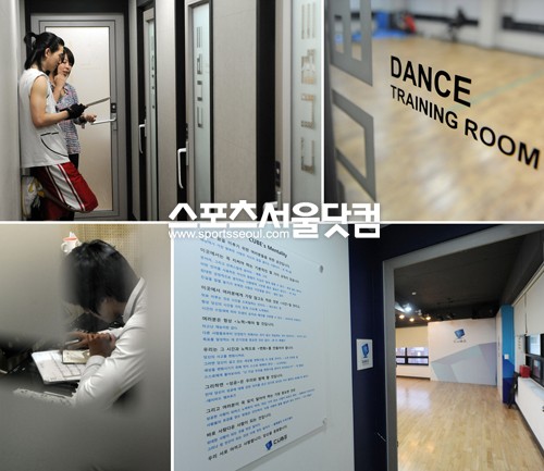▲ 큐브 엔터테인먼트 내부 연습실 전경. 가창 연습실(왼쪽 위,아래), 안무 연습실./사진=노시훈 기자