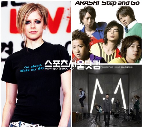 ▲ 한국 관객들의 뜨거운 반응에 놀라워한 외국 스타들. 왼쪽부터 시계 방향으로에이브릴 라빈, 아라시, 마룬파이브./사진=더팩트DB, 앨범 재킷