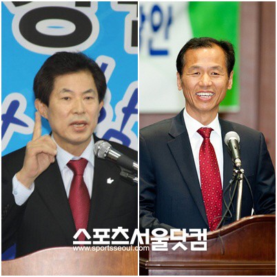 ▲ 강원도지사 자리를 놓고 격돌한 한나라당 엄기영 후보(왼쪽)와 
민주당 최문순 후보(오른쪽). 4.27 재보선의 최대 관심사로 선거 유세 
이전부터 화제를 모은 두 후보는 춘천고, MBC 사장직 등 판박이 
이력으로 관심을 모았다. / 더팩트DB