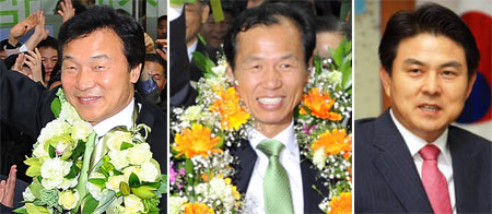 ▲ 4·27 재보궐 선거가 마무리 됐다. 분당을 국회의원 선거에서는 민주당 손학규 후보가, 강원도지사 선거에서는 민주당 최문순 후보가, 김해시을 국회의원선거에서는 한나라당 김태호 후보가 당선됐다.(왼쪽부터) 
/ 더팩트DB
