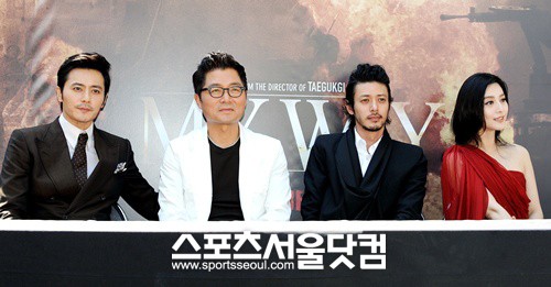 ▲ 칸에서 열린 영화 마이웨이 제작보고회에 참석한 장동건, 강제규 감독, 오다기리 조,판빙빙(왼쪽부터)