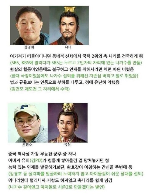 ▲MBC 우리들의 일밤-나는 가수다를 삼국지 촉나라에 비유한 네티즌 게시물. 김영희 PD를 유비에, 신정수 PD를 유선에 각각 비유했다. /사진=인터넷 캡처