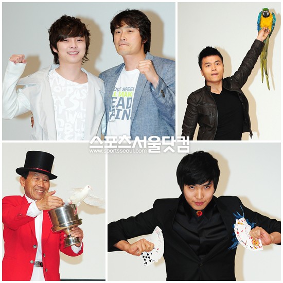 ▲ SBS 스타킹-영광의 마술왕의 멘토 최현우와 배성우 PD. 앵무새 마술사 최형배 씨, 카드 마술을 선보이는 유호진 씨, 최고령 도전자인 윤왕국 씨(왼쪽 위부터 시계방향)/ 배정한 기자