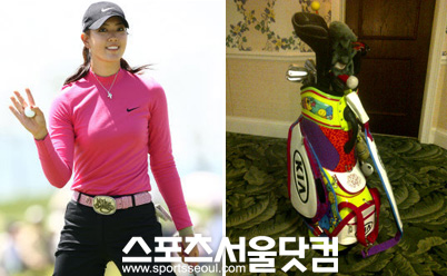 ▲새로 장만한 골프 가방을 공개한 미셸위 <출처 - 스포츠서울 DB 및 위성미 트위터>
