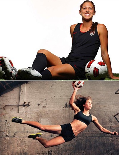 ▲뛰어난 실력과 미모를 겸비한 미국 여자 축구대표팀의 알렉스 모건(위)과 호프 솔로. 사진 출처는 모건과 솔로의 페이스북.