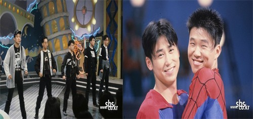 ▲1990년대 많은 사랑을 받은 틴틴파이브의 로보캅(왼쪽)과 신동엽-홍록기 /사진=SBS 제공