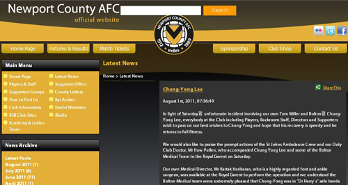 ▲ 이청용의 치명적인 부상에 대해 사과문을 발표한 뉴포트카운티 구단<출처 - 뉴포트카운티 AFC 홈페이지>