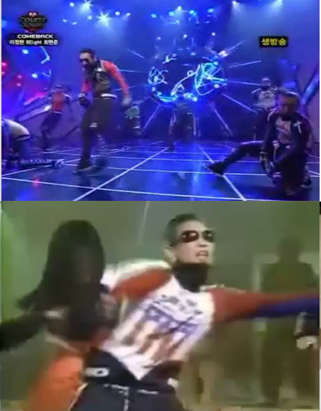 ▲가수 비(위)가 고 김성재의 무대를 재현했다는 의견이 나왔다. /사진=엠카운트다운,SBS 인기가요 방송 캡처