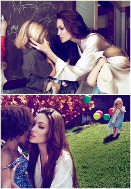 ▲ 아이들과 함께 화보를 찍으며 인자한 미소를 보이고 있는 안젤리나 졸리