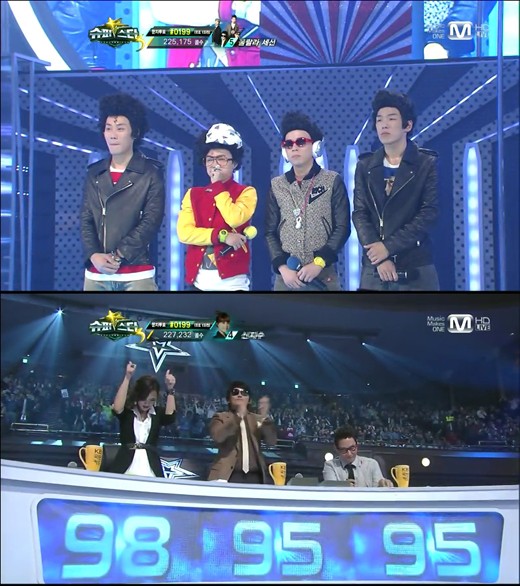 ▲울랄라세션의 무대를 본 심사위원들이 기립박수를 치고 있다./ Mnet 슈퍼스타K3 캡처