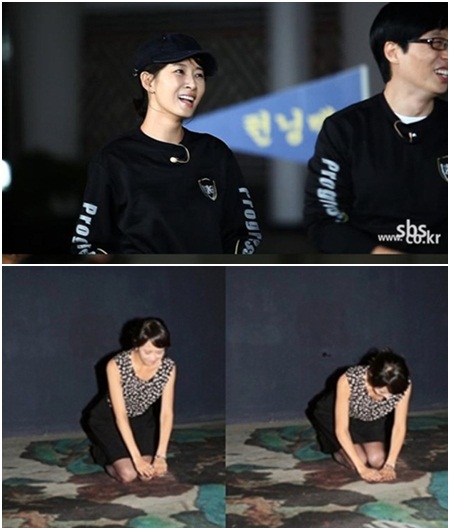 ▲ 16일 방송 예정이던 SBS 런닝맨 한 장면(위)과 결방에 대해 사과하는 김선아/SBS 제공, 김선아 미투데이