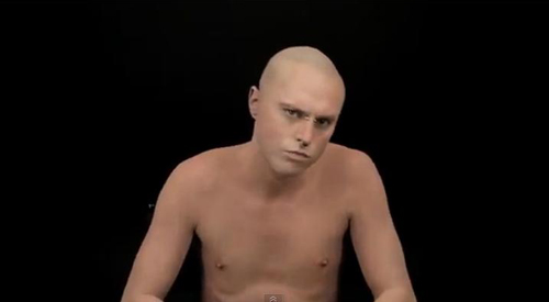 ▲광고 영상의 한 장면. 문신으로 가득한 몸에 파운데이션을 바르는 장면이 인상적이다.