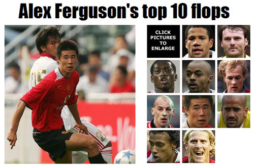 ▲ 英 언론이 선정한 퍼거슨 감독 최악의 영입 TOP10 명단. 큰 사진은 중국 출신 공격수덩팡저우. <출처 - 더 선>