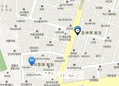 ▲ 이정재 빌딩과 임세령 빌딩 사이 거리(네이버 지도)