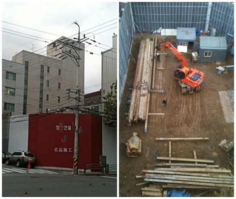 ▲ 공사 중인 임세령씨 빌딩 부지(왼쪽), 공사로 건물을 모두 헌 임씨 소유 부지. / 성강현 기자