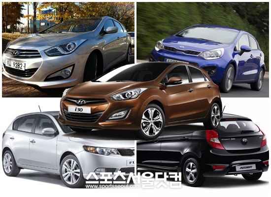 ▲ 현대차 i40, 기아차 프라이드, 현대차 액센트 위트, 기아차 포르테 해치백, 현대차 i30(가운데)(왼쪽 위 시계방향)