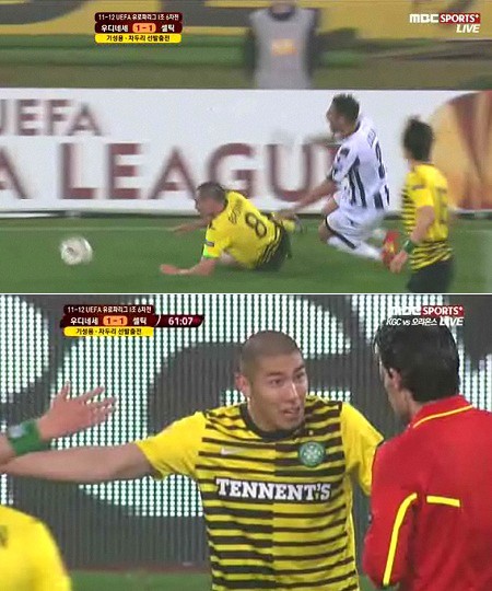 ▲ 후반 15분 억울하게 경고를 받고 있는 차두리 / MBC 스포츠플러스 중계 캡쳐