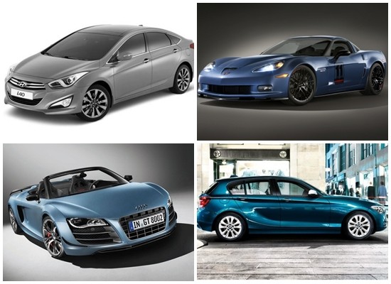 ▲ 현대자동차 i40 세단, 쉐보레 콜벳, BMW 1시리즈 해치백, 아우디 R8 GT  (왼쪽 위부터 시계방향)