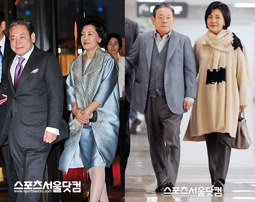 ▲ 9일 이건희 삼성전자 회장 생일에 참석한 홍라희 여사 (왼쪽), 10일 CES 2012에 참석하기 위해 공항에 참석한 이건희 회장과 홍라희 여사 /  문병희 기자, 노시훈 기자