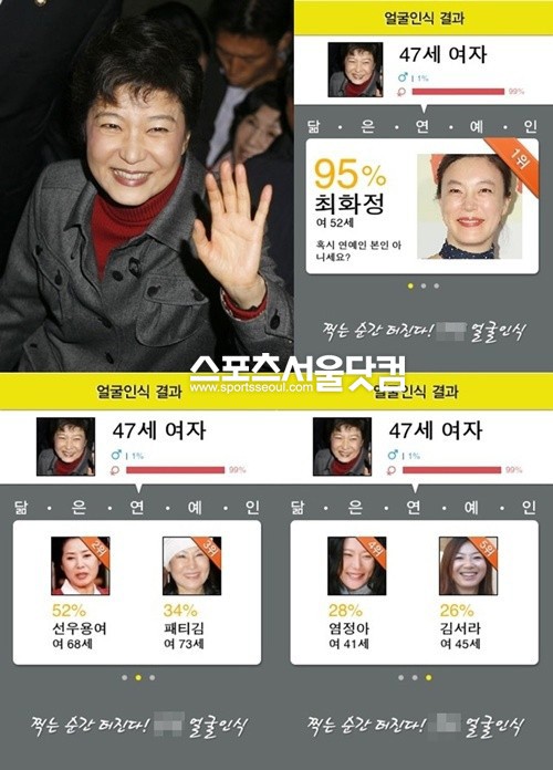 ▲ 박 위원장은 배우 최화정과 95% 수준으로 비슷한 외모인 것으로 나타났다./얼굴인식 어플 캡처