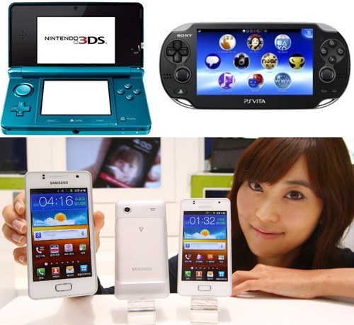 ▲신제품 닌텐도3DS, 소니 PS vita, 삼성전자 갤럭시M 스타일(시계방향으로)