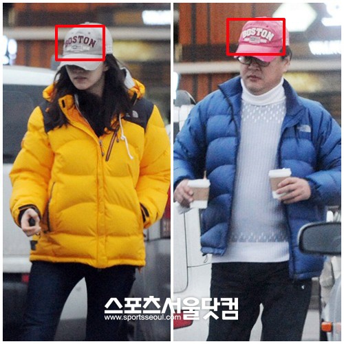 ▲ 모자와 패딩점퍼로 완벽한 커플룩을 연출한 수애(왼쪽)와 정태원 대표./배정한 기자