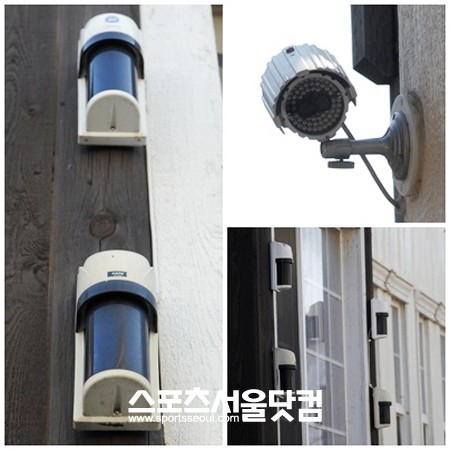 ▲건물 외벽 곳곳에 설치된 보안 경보 시스템./이효균 기자