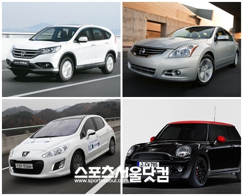 ▲ 3000만원대 수입차들. 혼다CR-V, 닛산알티마, BMW미니, 푸조308(왼쪽 위부터 시계방향)
