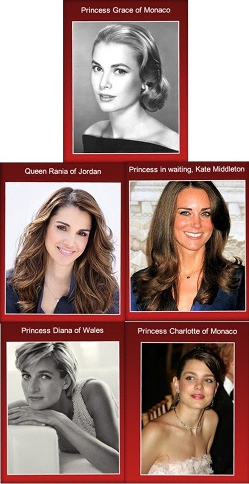 ▲세계 왕족의 외모 순위. (위 왼쪽부터)모나코 왕비 고 그레이스 켈리, 요르단 라니아 왕비, 영국 케이트 미들턴 왕세자비, 고 다이애나 왕세자비, 모나코 샬롯 카시라기 공주/뷰티풀피플닷컴