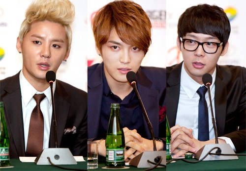 ▲남미 투어에 앞서 사생 논란에 공식 사과한 JYJ 멤버 김준수, 김재중, 박유천(왼쪽에서부터)./씨제스 제공