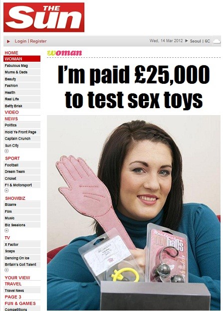 ▲ 성인용품을 테스트해 돈을 버는 넷 가비. / 더 선 홈페이지 캡처