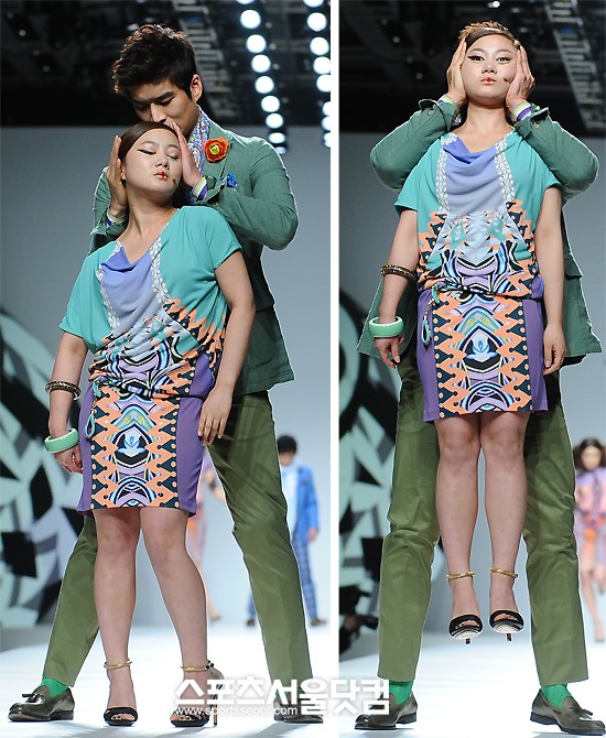 ▲15일 에트로 자선패션쇼에 깜짝 모델로 런웨이에 오른 박나래(앞), 송병철. /이새롬 기자