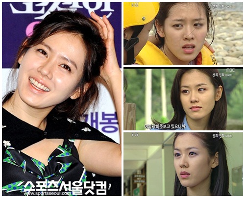 ▲배우 손예진의 최근 활동 모습(왼쪽)과 2001년 드라마 선희진희에 출연했을 당시의 방송장면들/더팩트DB, 온라인 커뮤니티