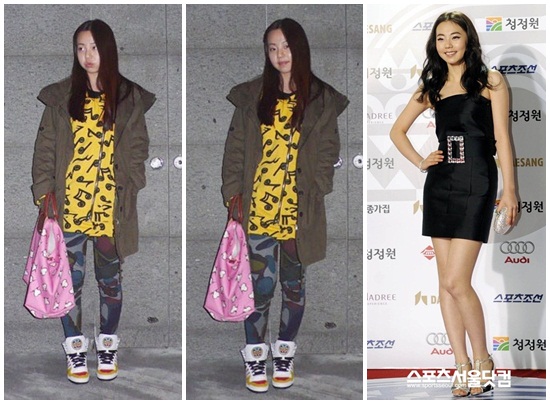 ▲원더걸스 소희가 운동화 차림으로 찍은 사진이 힐을 신고 찍은 것과 비교되고 있다./온라인 커뮤니티, 더팩트DB