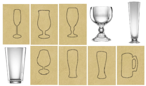 ▲ 플루트, 튤립, 챌리스, 고블릿, 필스너, 파인트, 스니프터, 펍, 바이젠비어, 머그.(왼쪽 위 시계방향)