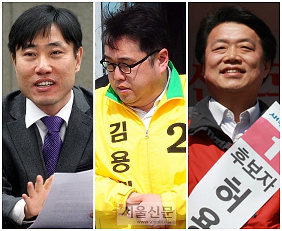 ▲과거 행적이 부각되면서 곤욕을 치르고 있는 하태경후보, 김용민 후보, 허용범 후보(왼쪽부터)./ 서울신문 제공