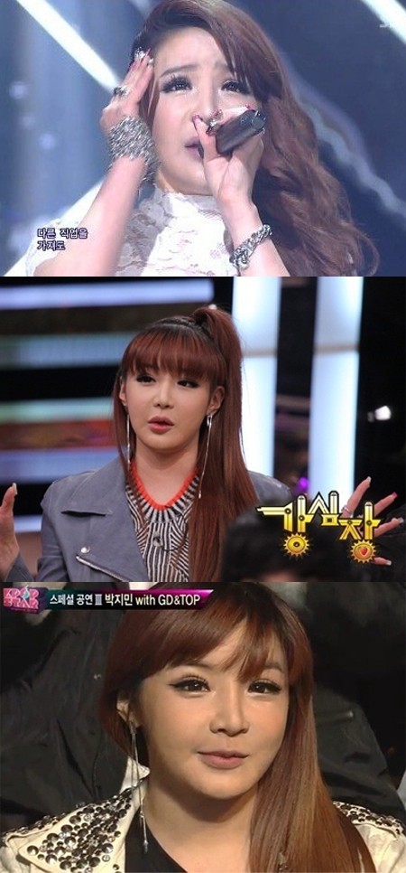 ▲온라인 커뮤니티에 올라온 박봄 2012 얼굴 변천사 글 속 사진. /SBS 제공 및강심장 K팝스타 방송 캡처