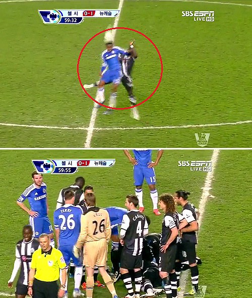 첼시-뉴캐슬전에서 후반 14분 존 오비 미켈(첼시)의 고의적인 팔꿈치 가격으로 쓰러진체이크 티오테(뉴캐슬). / SBS ESPN 중계 캡처.