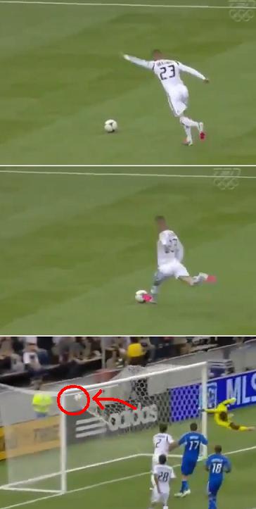 LA갤럭시의 데이비드 베컴이 특유의 오른발 프리킥을 성공시키고 있다. / 유튜브 동영상 캡처.