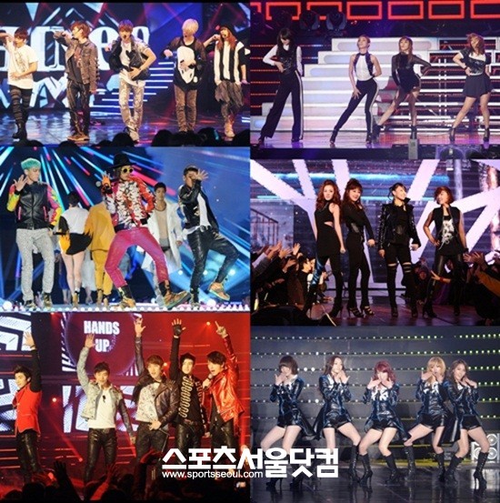 연습생 기간을 거쳐 아이돌 스타로 인기를 얻고 있는 그룹들. 위 왼쪽부터 시계방향으로 샤이니, 미쓰에이, 2NE1, 카라, 2PM, 빅뱅/더팩트DB