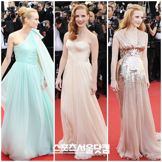 제 드레스 어때요?-배우 제시카 차스테인이 프랑스 칸에서 열린 레드카펫 행사에 참석해 우아한 드레스를 입고 포즈를 취하고 있다.
