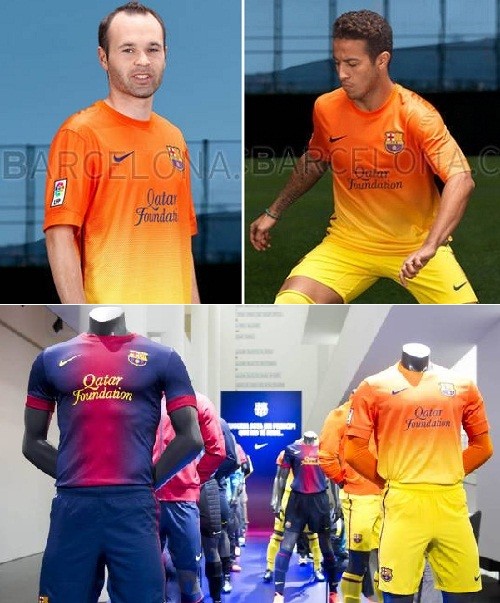새로 공개된 FC바르셀로나의 2012~2013시즌 원정유니폼을 입은 안드레스 이니에스타(왼쪽 위), 페드로 로드리게스와 박물관에 전시된 홈·원정유니폼. / 바르셀로나FC 홈페이지 캡처