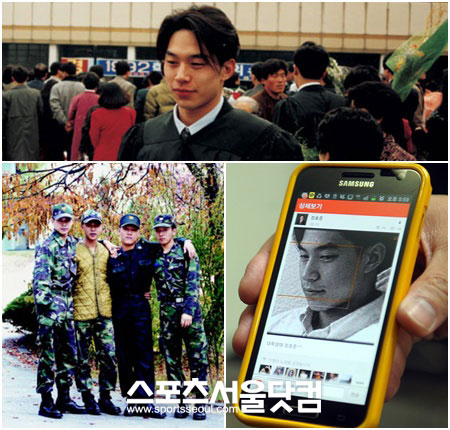 정 당선자의 대학시절과 군복무 시절의 모습. 아래 우측 사진은 정 당선자가 인터뷰 도중 취재진에게 보여준 카카오스토리. / 정호준 당선자 제공