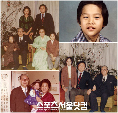 정 당선자의 초등학생 시절 모습. 할아버지 정일형 박사와 할머니 이태영 박사가 앉아있고, 뒤에 아버지 정대철 민주통합당 상임고문과 어머니 김덕신 여사가 나란히 서 있다. 아래 좌측 사진은 정 당선자의 돌 기념사진이다. / 정호준 당선자 제공