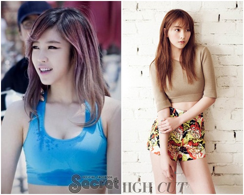 아기 같이 앳된 얼굴과 늘씬한 몸매로 남성팬들의 전폭적인 지지를 받고 있는 시크릿 전효성(왼쪽)과 카라 강지영./시크릿 공식 페이스북, 하이컷 제공